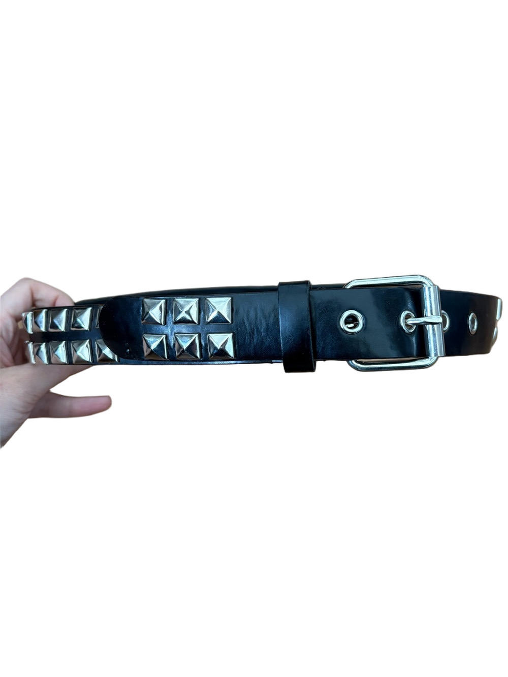 Black Studded Kids Belt with Silver Buckle and Pyramid Studs